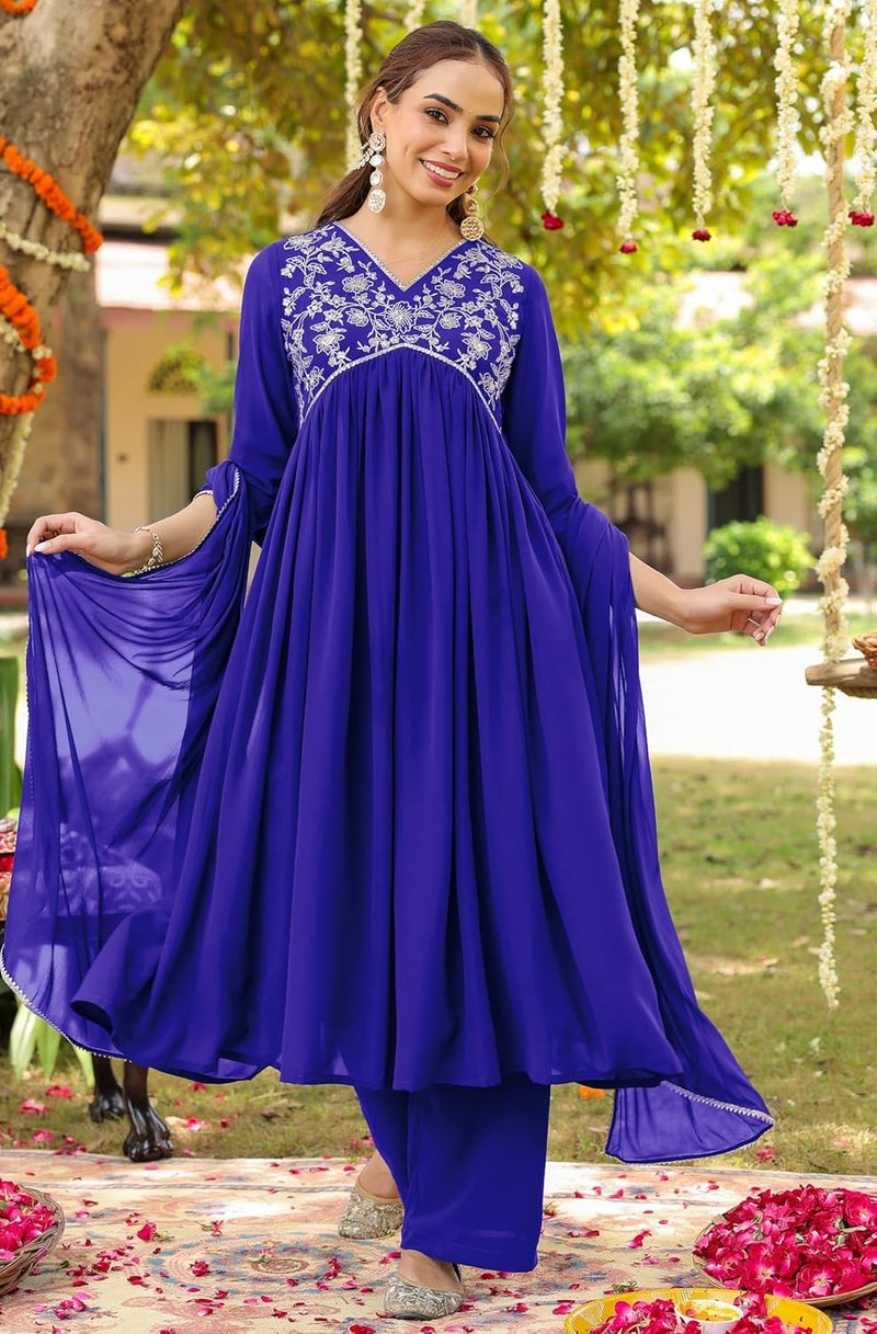 Janasya Women's Royal Blue Georgette Zari Yoke Embroidered A-line Kurta with Palazzo & Dupatta Set - Image 3